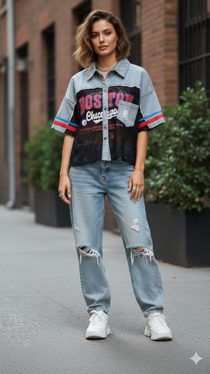 Half Denim Half Net Shirt FC2161