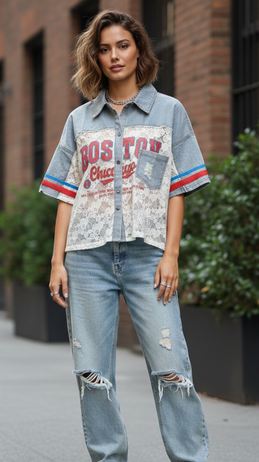 Half Denim Half Net Shirt FC2161