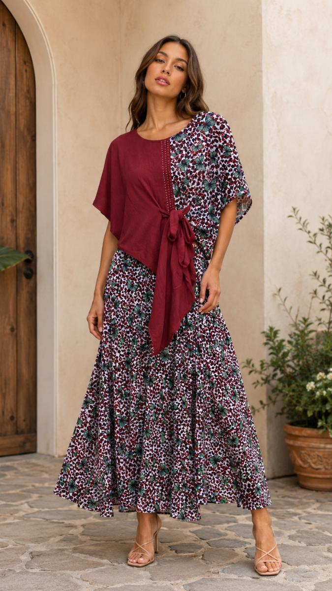 Half Printed Top With Printed Wrinkle Skirt FC2513