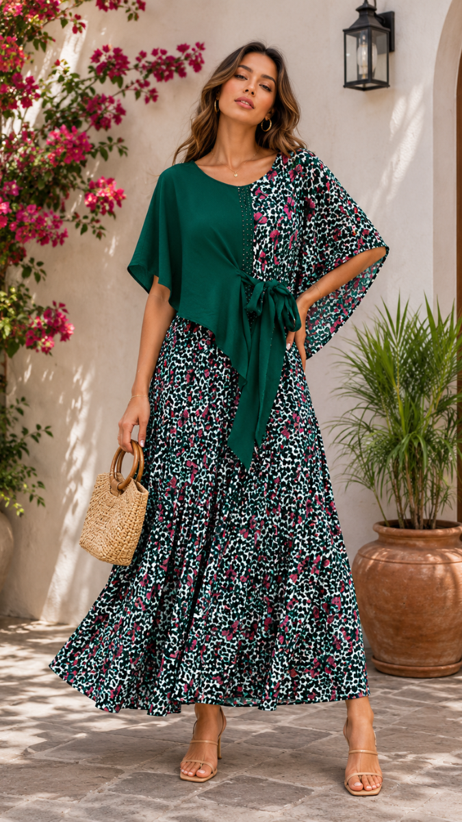 Half Printed Top With Printed Wrinkle Skirt FC2513