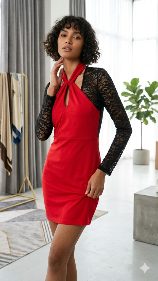 Halter Neck Net Full Sleeve Mini Dress FC2386