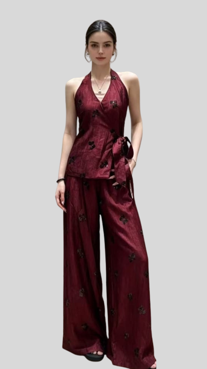 Halter Neck Wrap Top And Loose Pant Coord Set FC2604