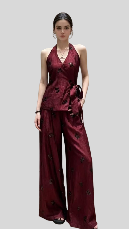 Halter Neck Wrap Top And Loose Pant Coord Set FC2604