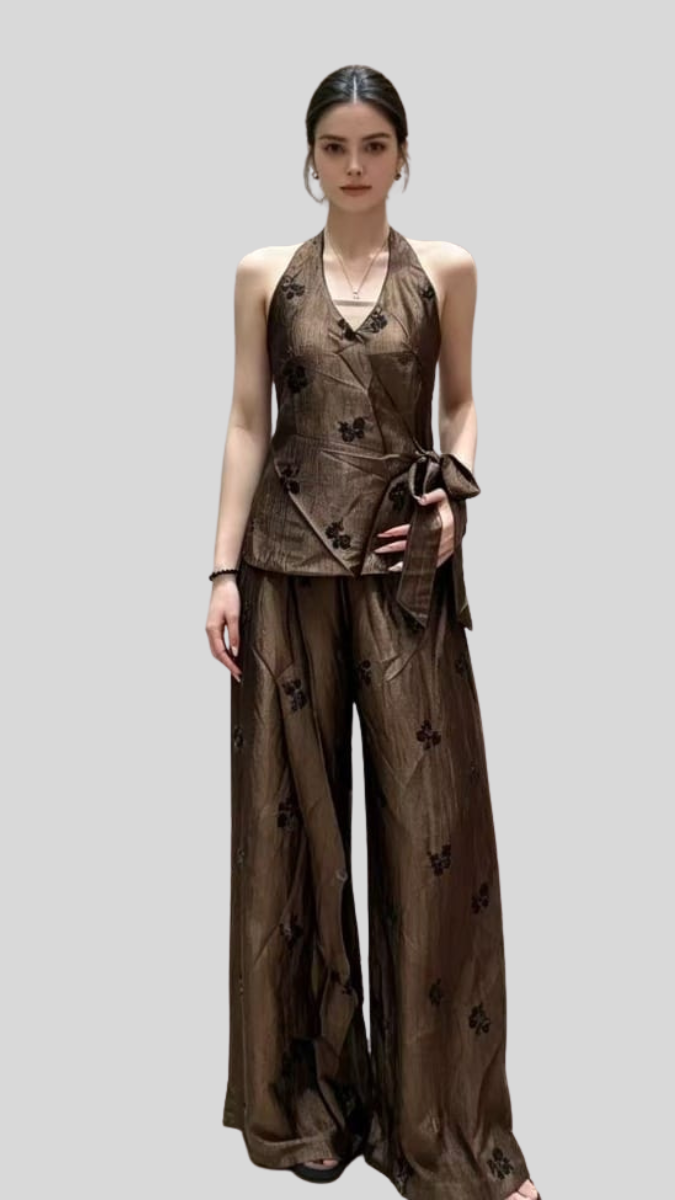 Halter Neck Wrap Top And Loose Pant Coord Set FC2604