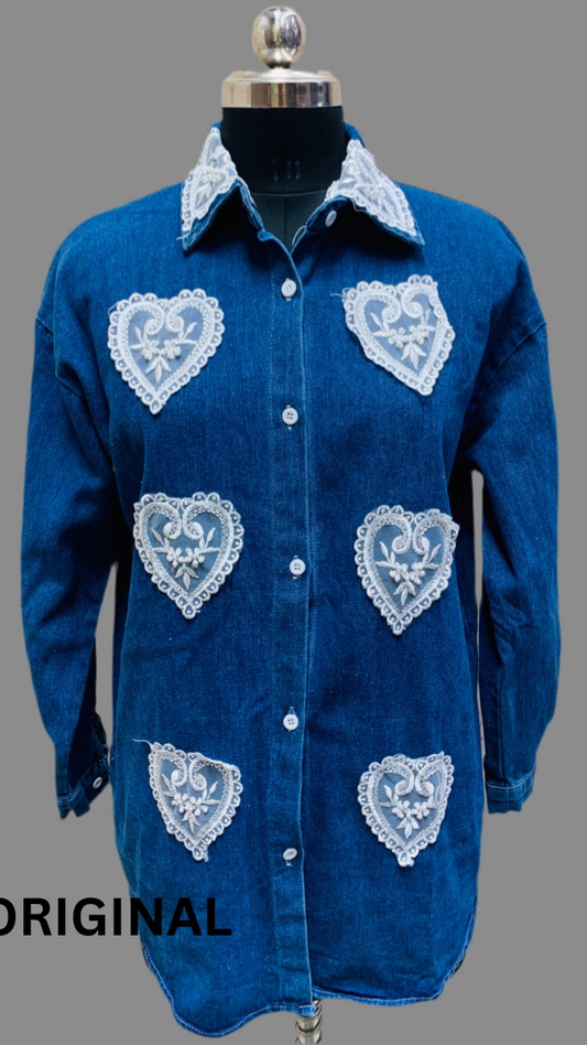 Heart Embroidery Embedded Denim Shirt FC1562