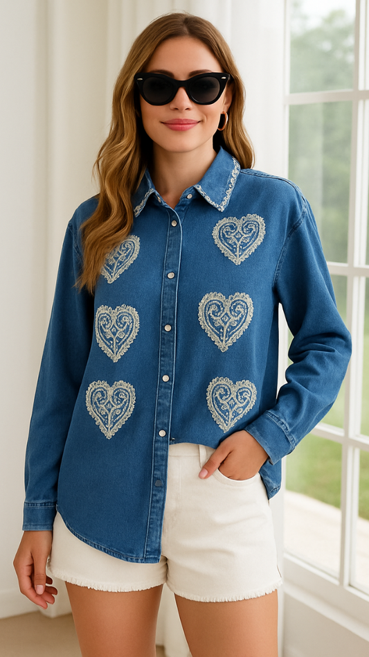 Heart Embroidery Embedded Denim Shirt FC1562