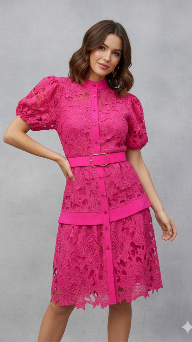 High Collar Balloon Sleeve Crochet Mini Dress FC21778
