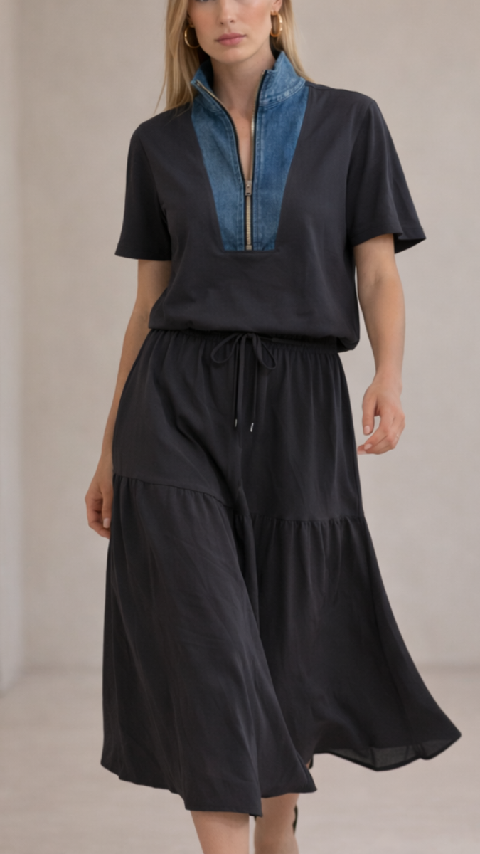 High Collar Chain Neckline with A-Line Skirt Set FC2341