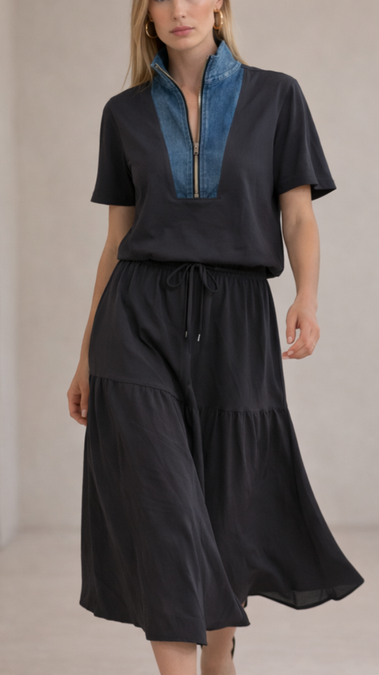 High Collar Chain Neckline with A-Line Skirt Set FC2341