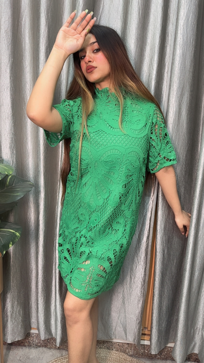 High Collar Crochet Mini Dress FC2143