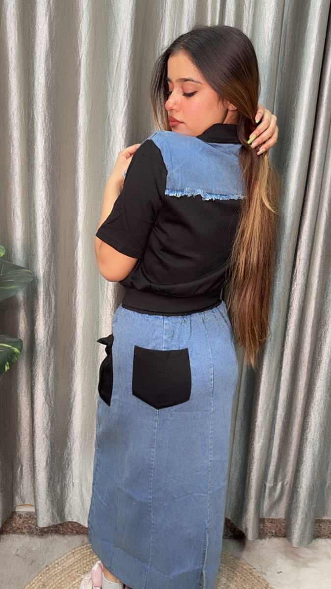 High Collar Front Chained Top With A Line Skirt Set FC2137