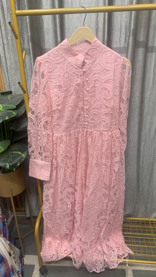 High Collar Pearl Button Flower Net Maxi Dress FC2500