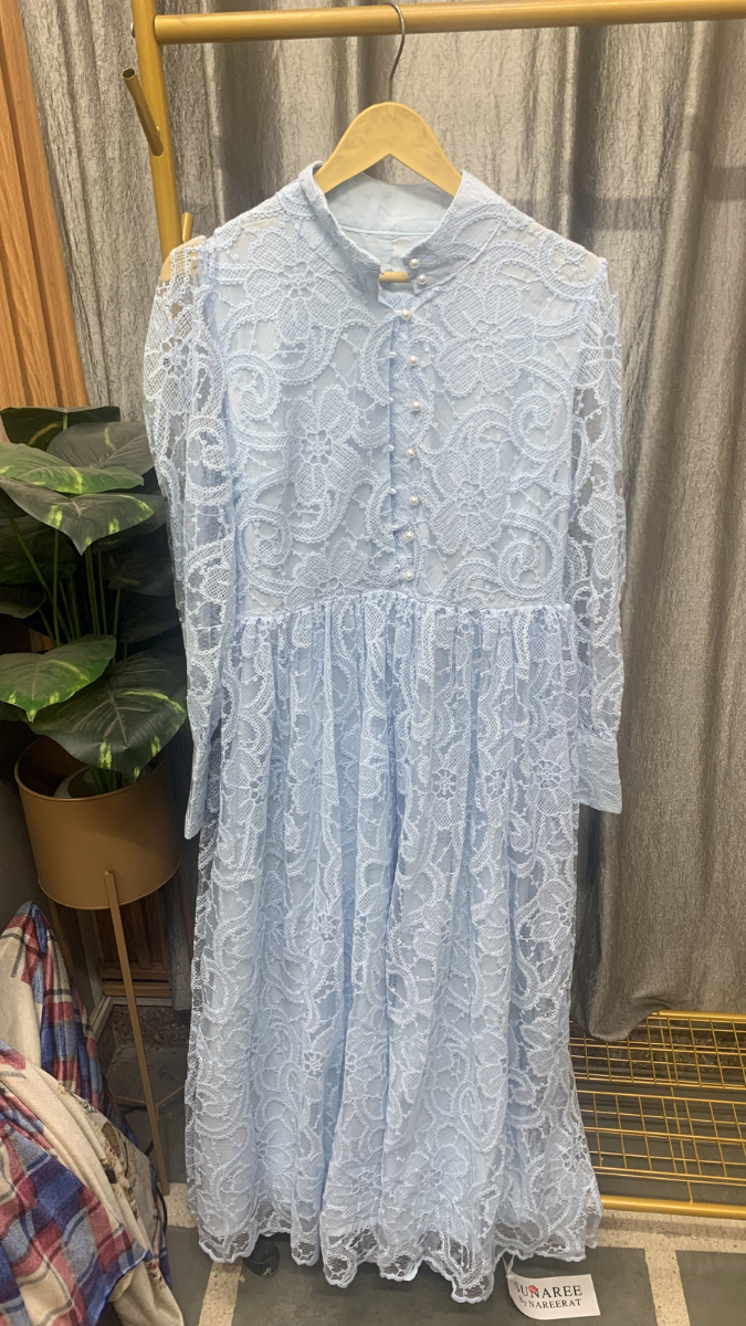 High Collar Pearl Button Flower Net Maxi Dress FC2500
