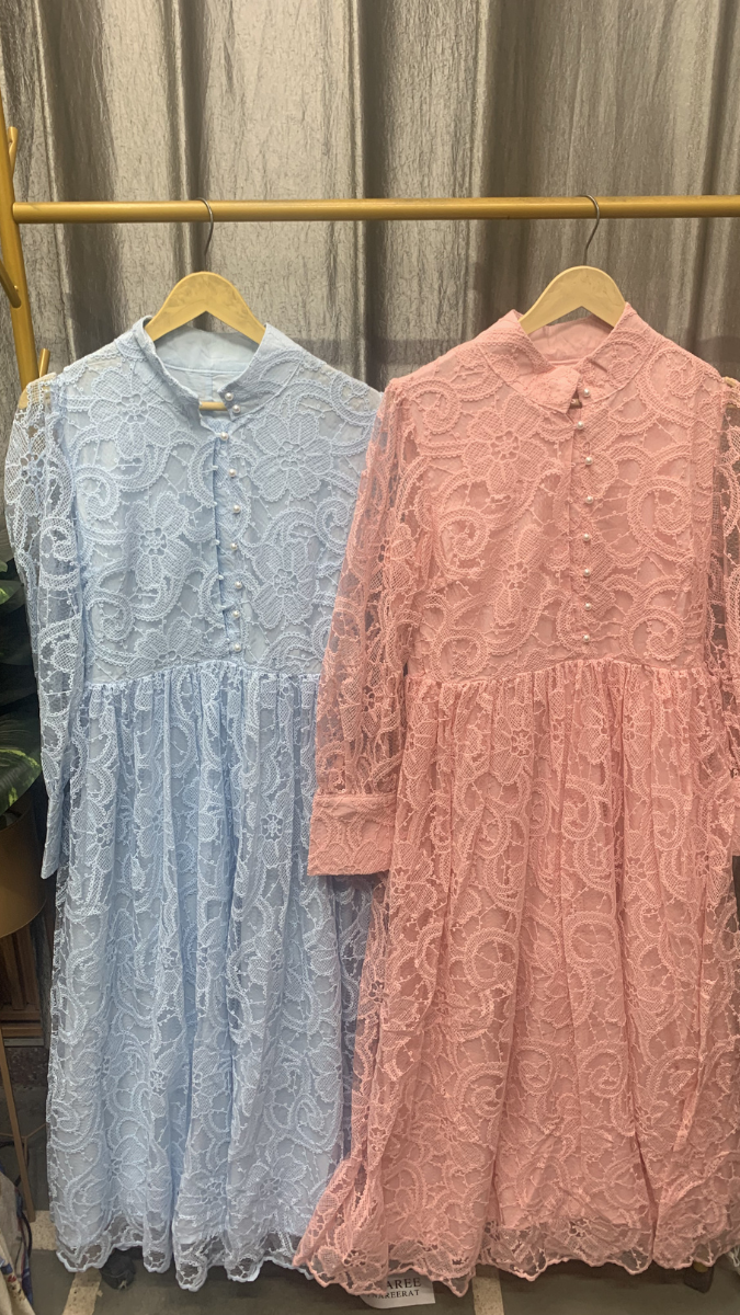 High Collar Pearl Button Flower Net Maxi Dress FC2500