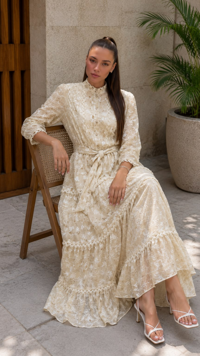 High Collar Lace Designed Printed Dress FC2544