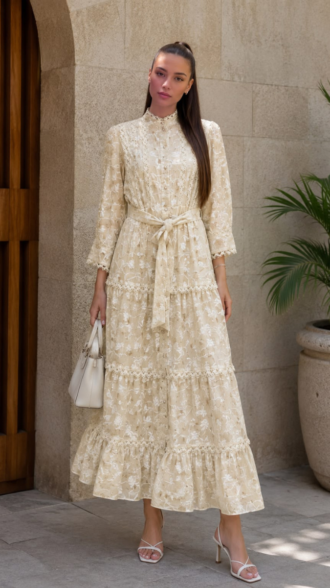 High Collar Lace Designed Printed Dress FC2544