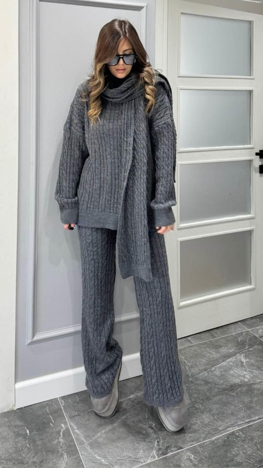 High neck Drop Shoulder Top And Pant With Scarf Coord Set FC2037