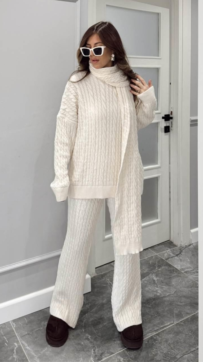 High neck Drop Shoulder Top And Pant With Scarf Coord Set FC2037