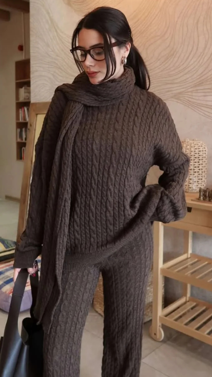 High neck Drop Shoulder Top And Pant With Scarf Coord Set FC2037