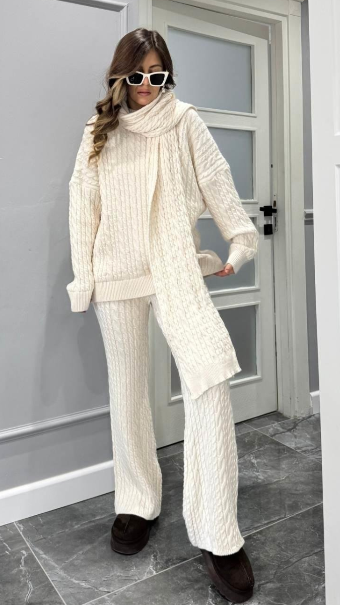 High neck Drop Shoulder Top And Pant With Scarf Coord Set FC2037