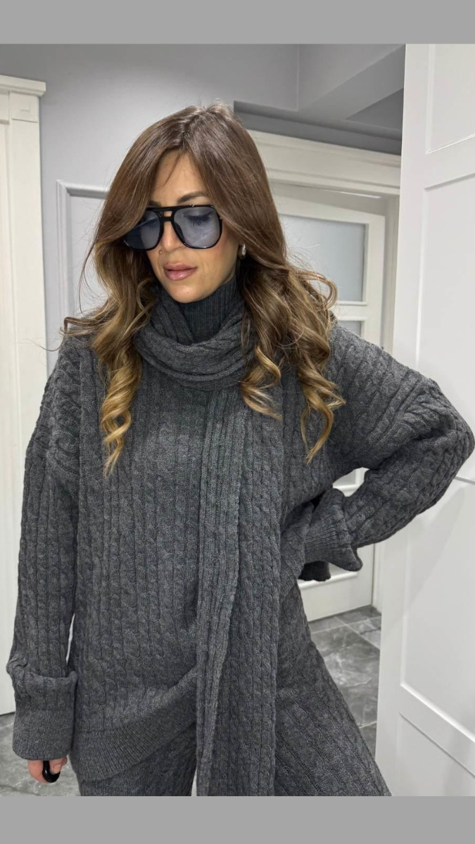 High neck Drop Shoulder Top And Pant With Scarf Coord Set FC2037