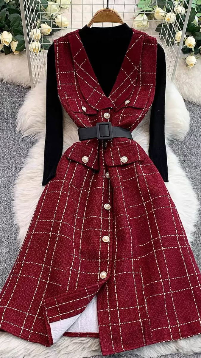 High neck Inner With V Neck Midi Dress FC2087