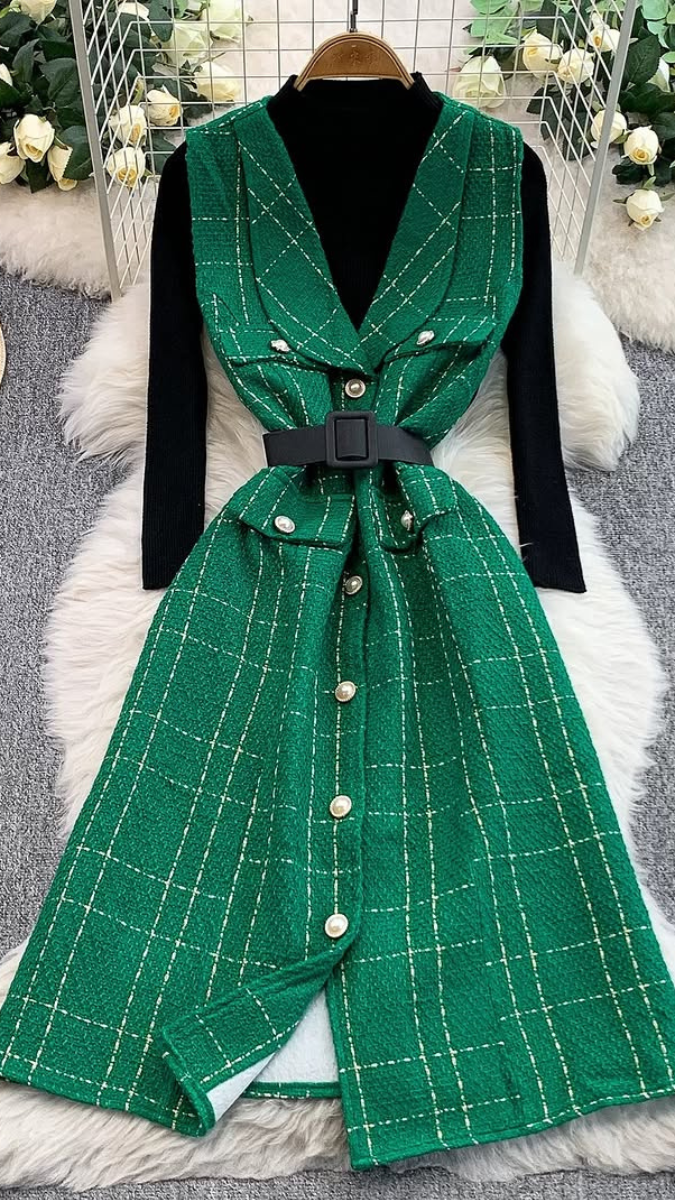 High neck Inner With V Neck Midi Dress FC2087