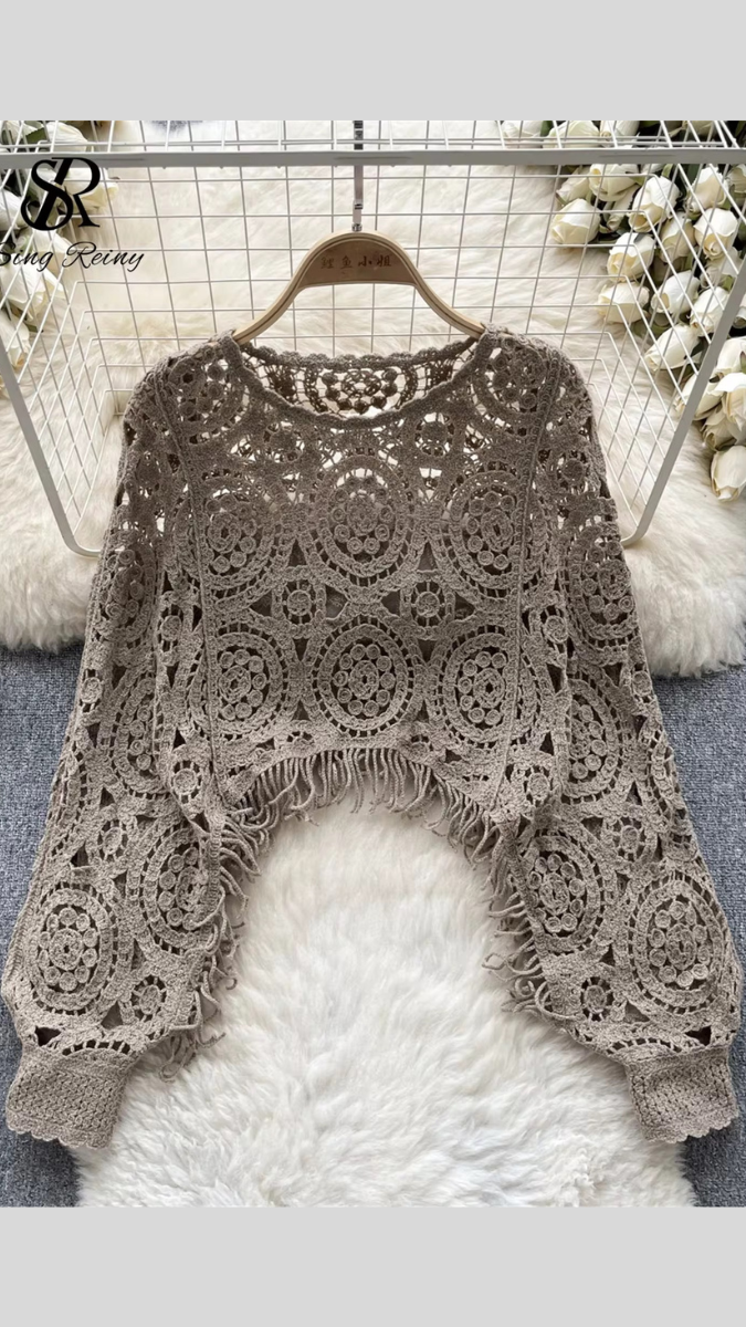 Hollow Out Crochet Loose Shirt Round Neck Top FC1834