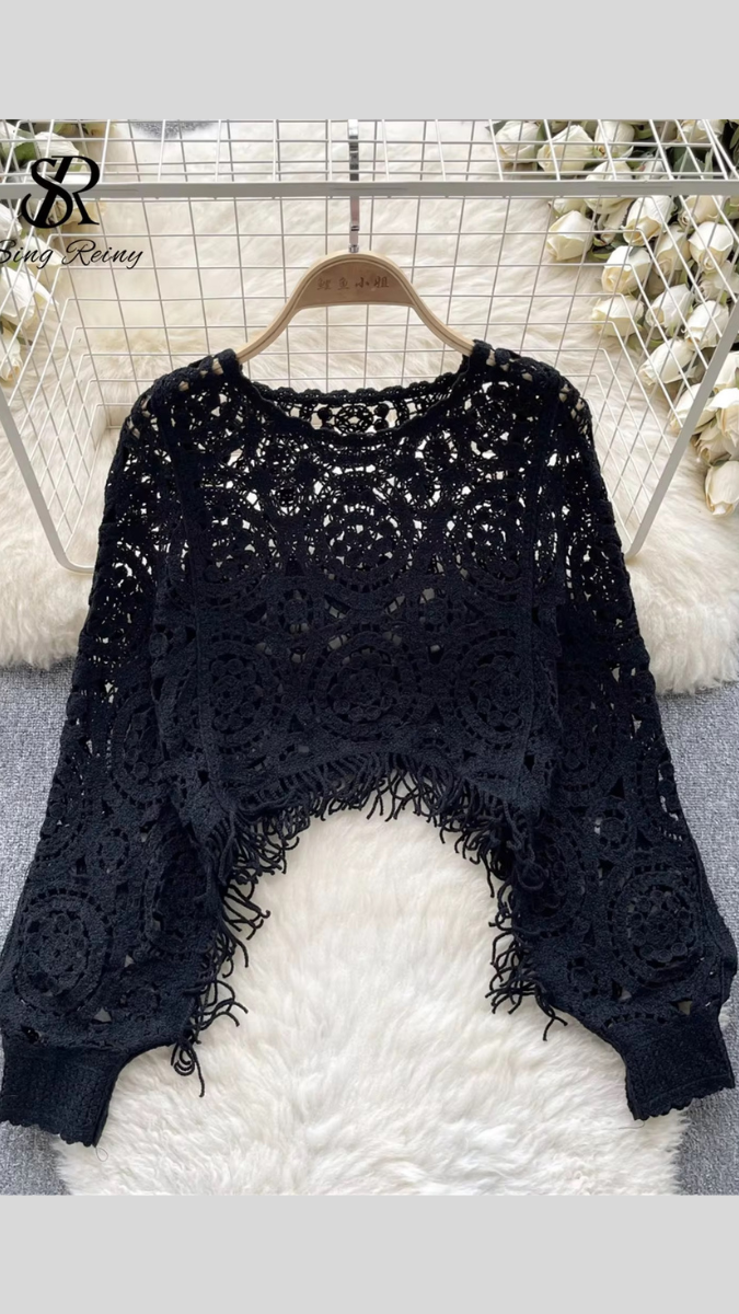 Hollow Out Crochet Loose Shirt Round Neck Top FC1834