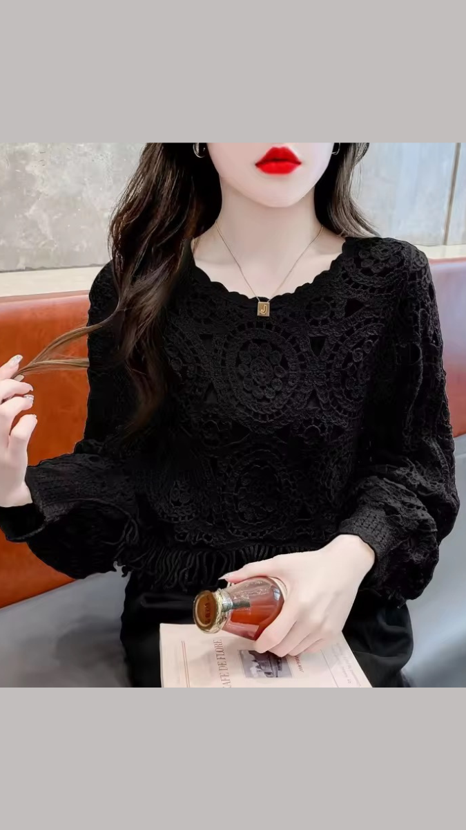 Hollow Out Crochet Loose Shirt Round Neck Top FC1834