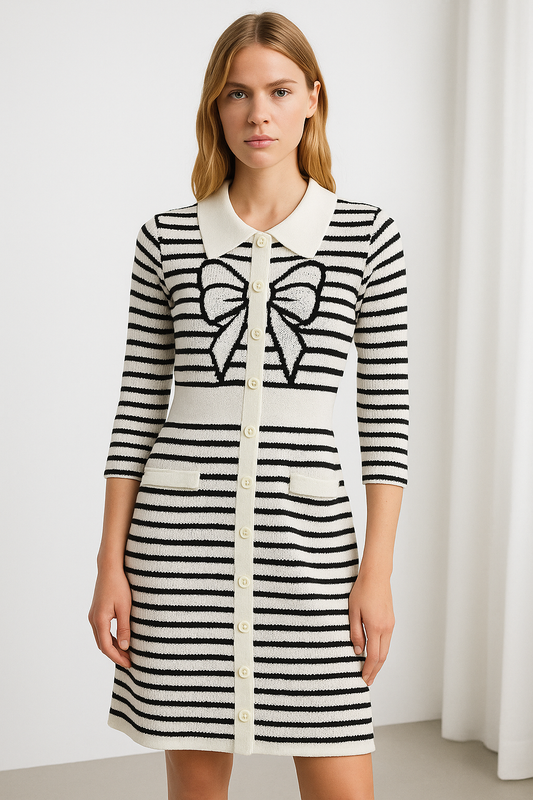 Bow Designed Full Sleeve Black Strip Dress FC1867