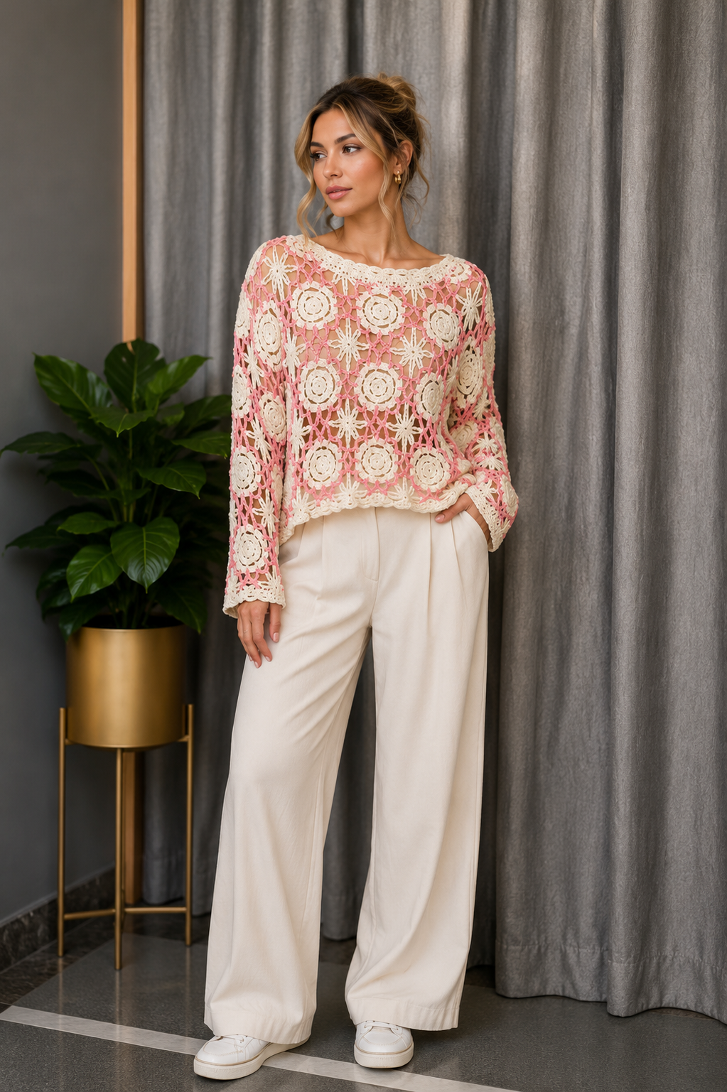 Boat Neck See Through Cutout Collar Top With Inner FC2582