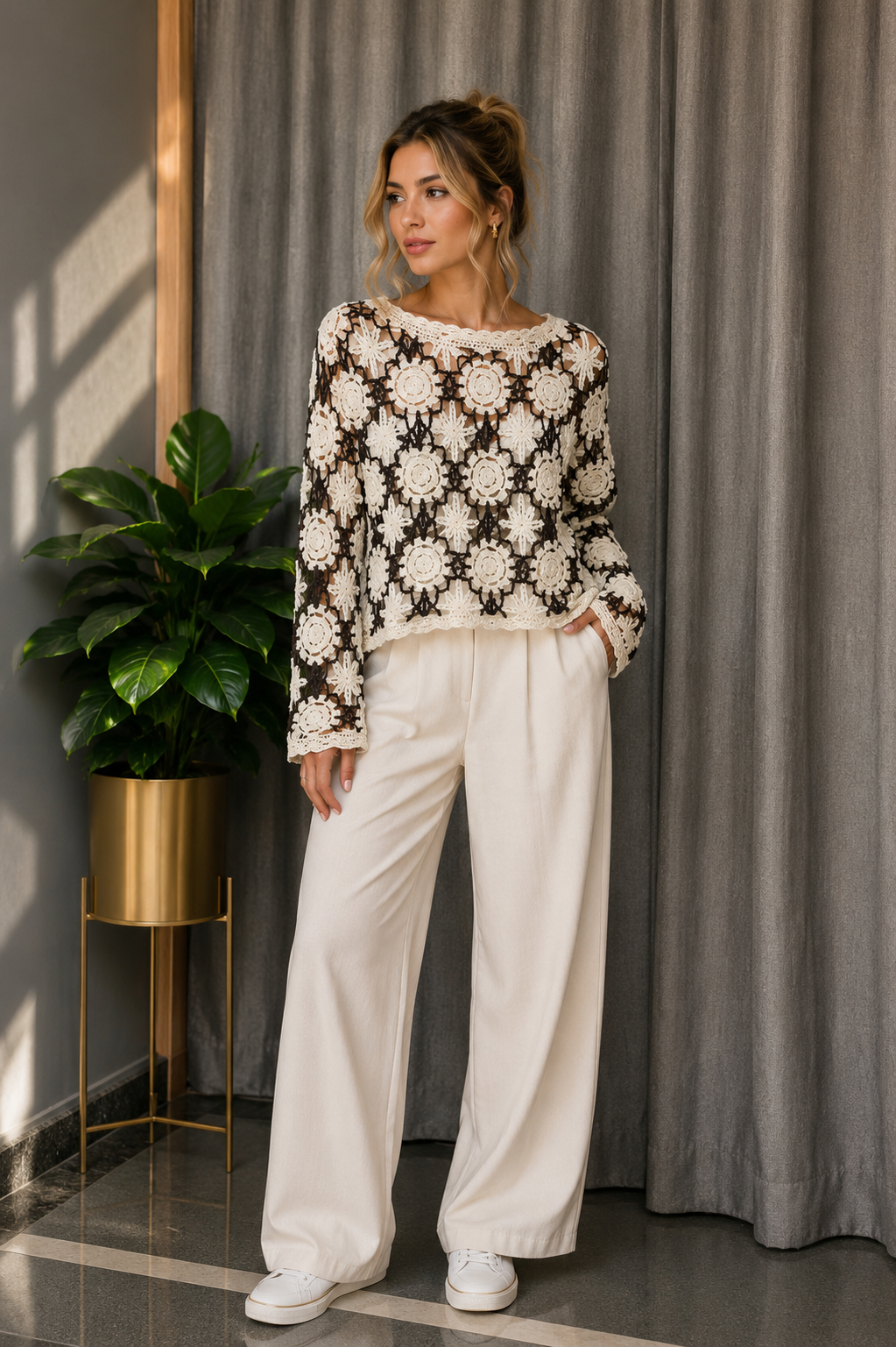 Boat Neck See Through Cutout Collar Top With Inner FC2582