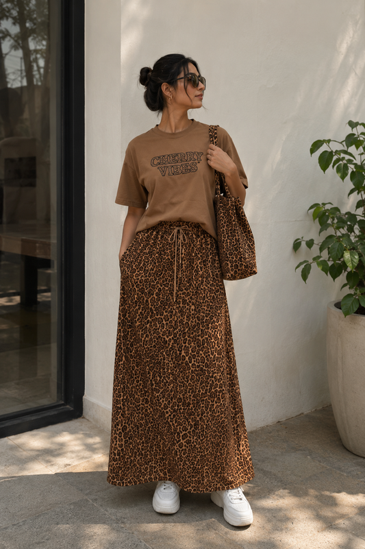 Leopard Print Inner And Skirt With Loose Plain Top 3Pc Set FC2579