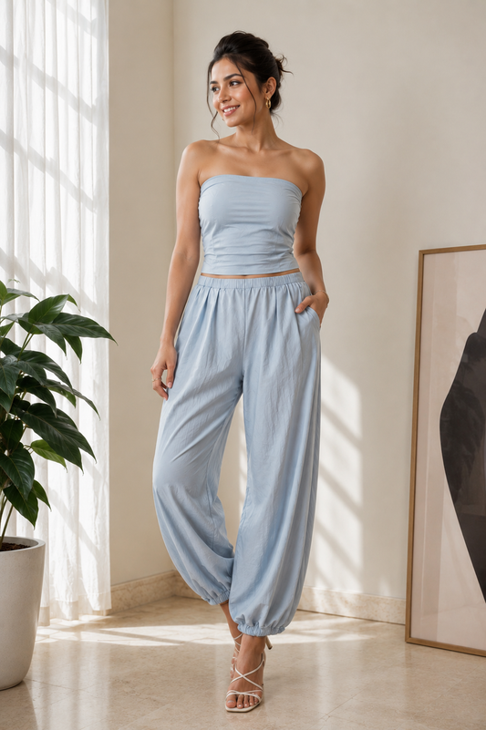 Off Shoulder Padded Crop Top With Loose Pant Coord Set FC2592