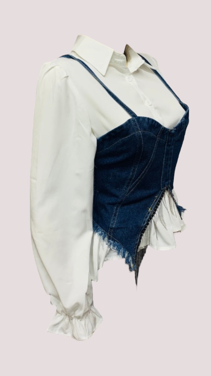 Sexy White Shirt With Denim Bustier FC1475