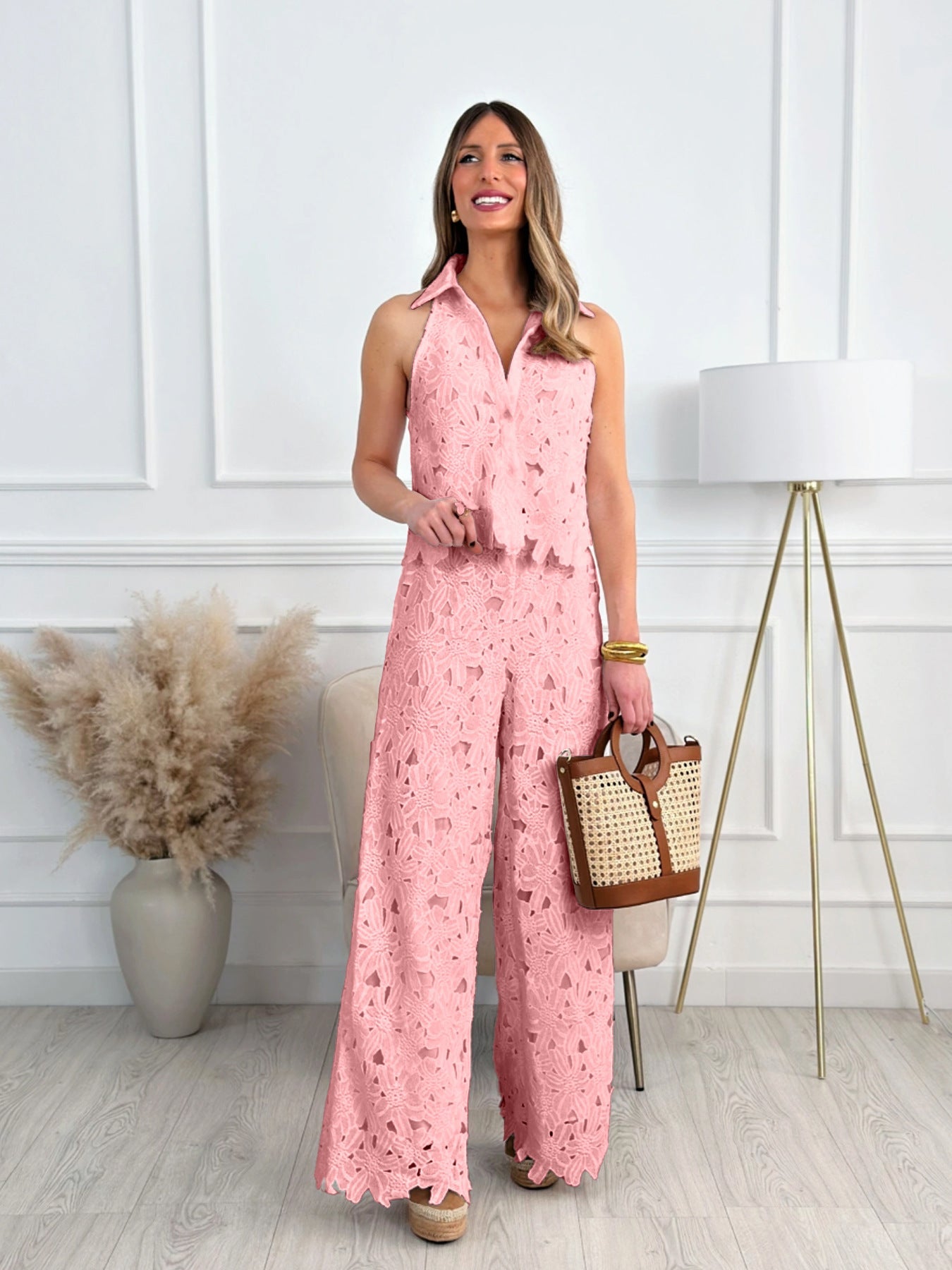 Crochet Pointed Collar Crop Top And Pant Coord Set FC2247