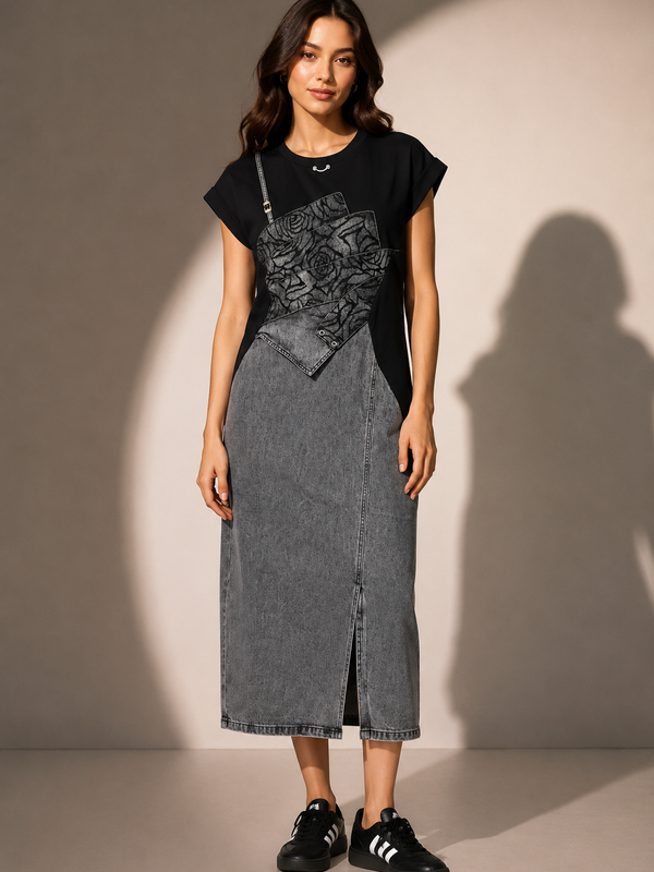 Rose Designed Front With Slit Denim Midi Dress FC2608