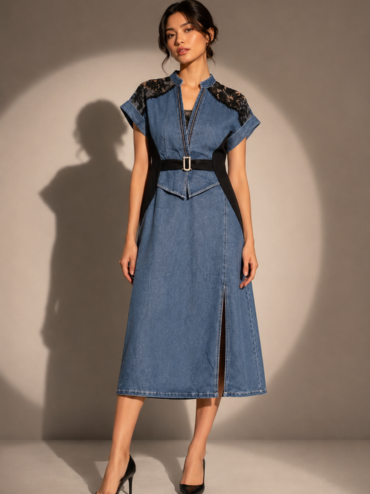 Lace Designed Front Slit Denim Midi Dress FC2607