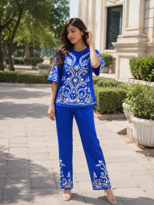 Pearl And Rhinestone Designed Top And Pant With Pocket Coord Set FC2616