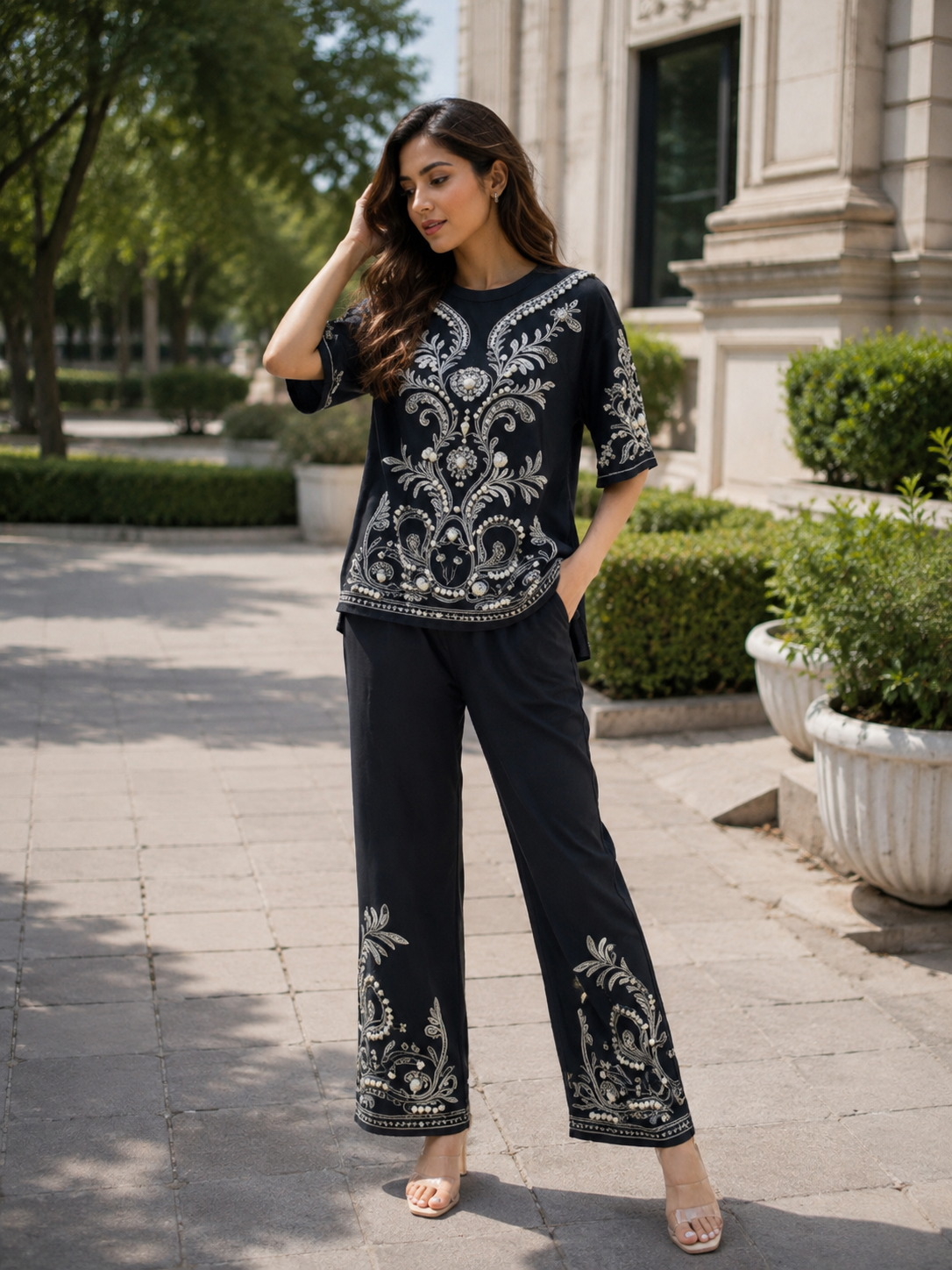 Pearl And Rhinestone Designed Top And Pant With Pocket Coord Set FC2616