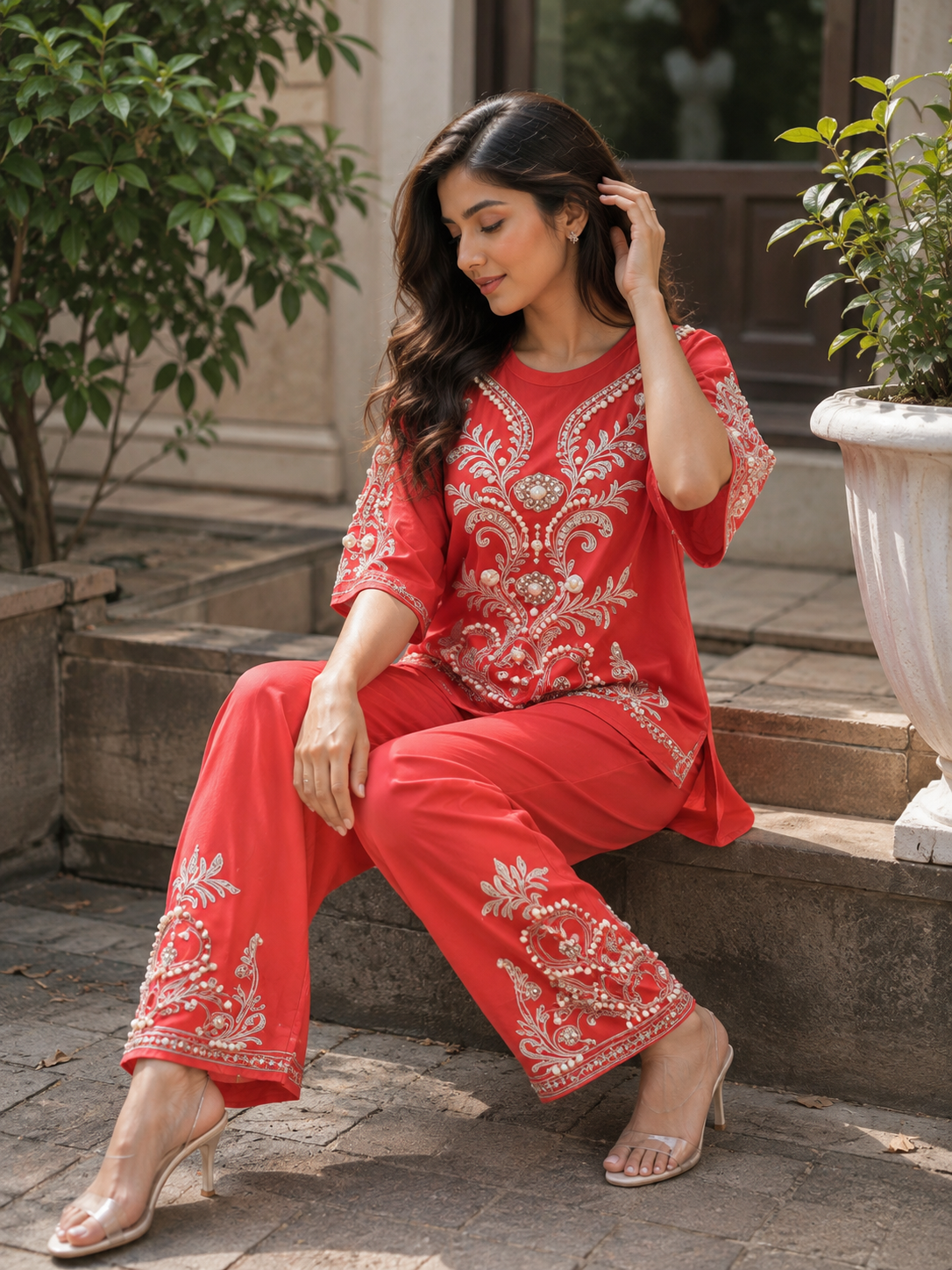 Pearl And Rhinestone Designed Top And Pant With Pocket Coord Set FC2616