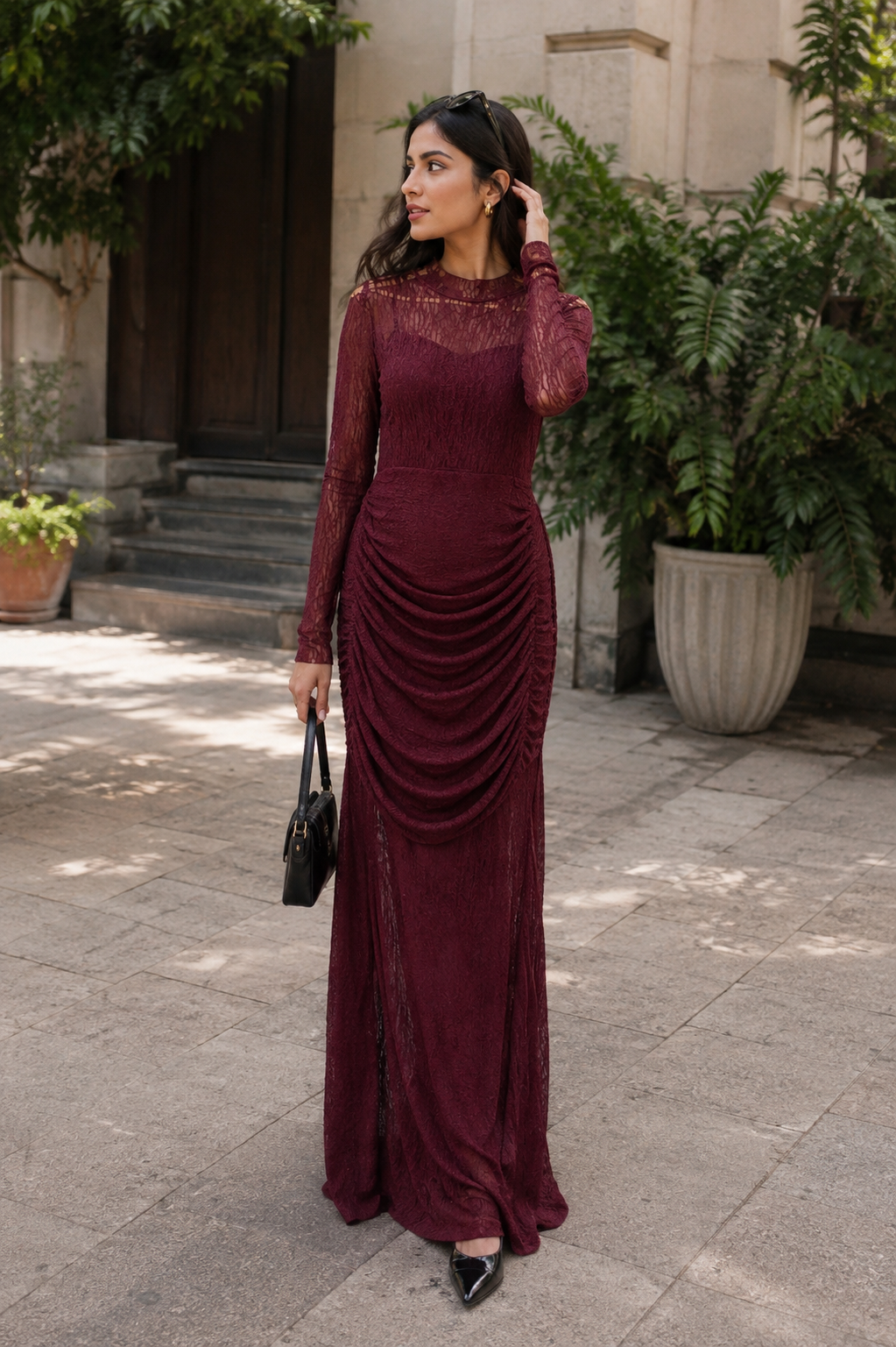Pleaded Design Front High Neck Full Sleeve Dress FC2615