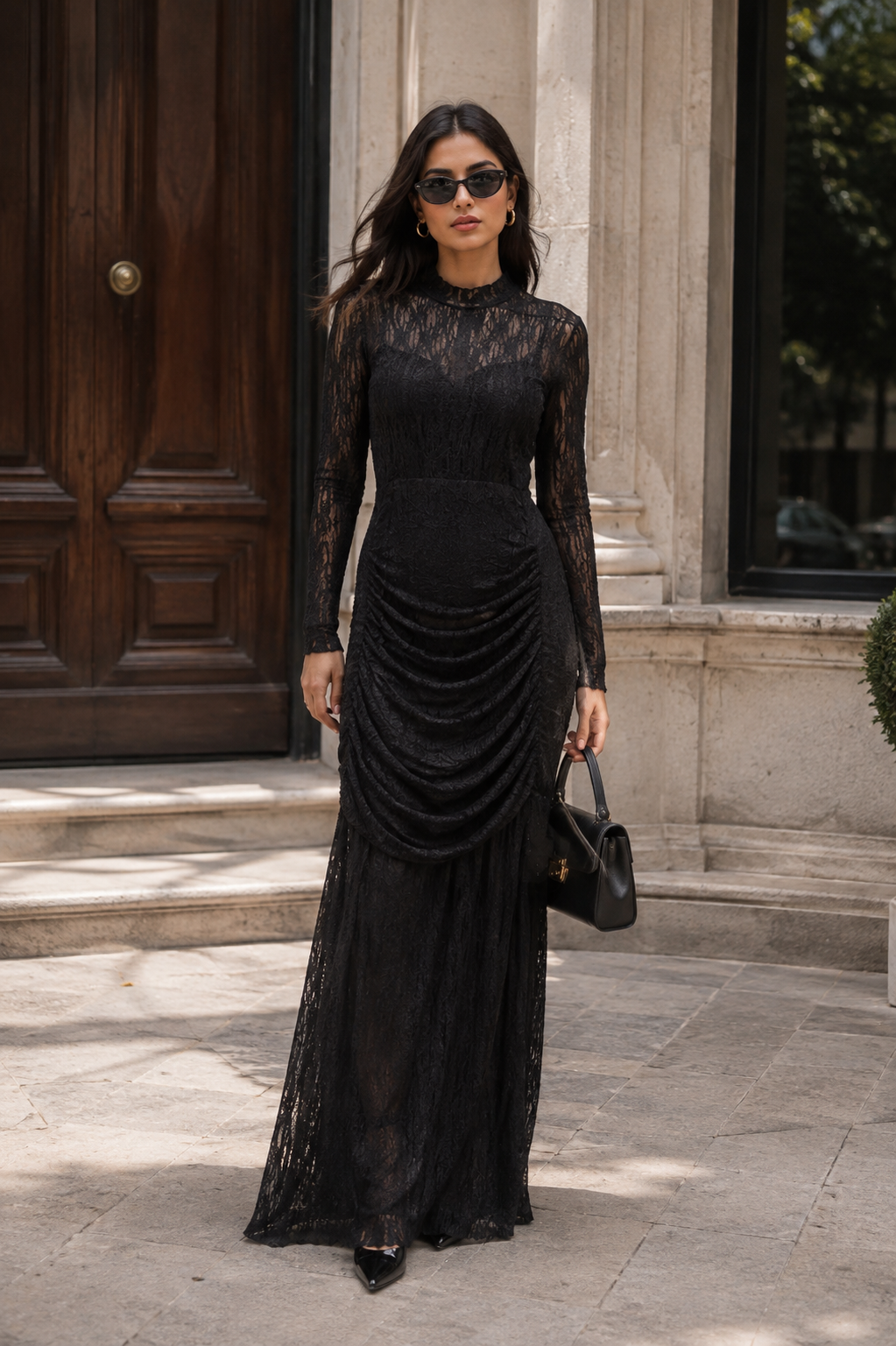 Pleaded Design Front High Neck Full Sleeve Dress FC2615