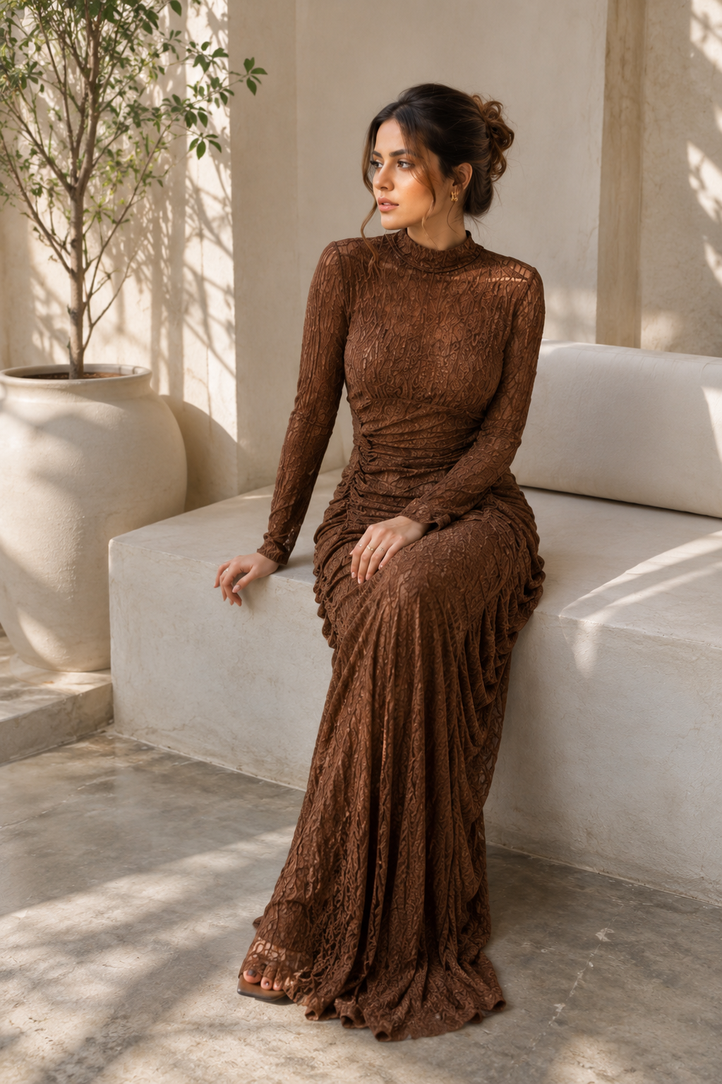 Pleaded Design Front High Neck Full Sleeve Dress FC2615