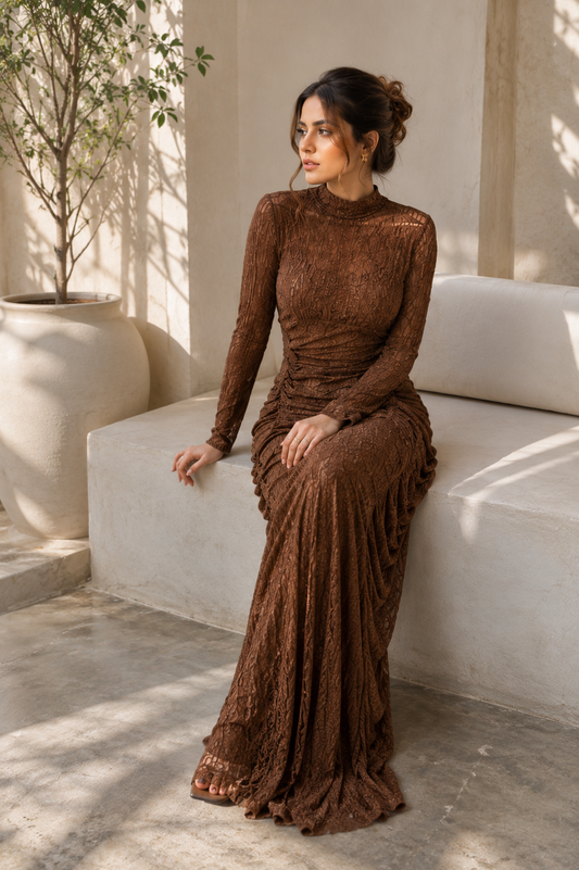Pleaded Design Front High Neck Full Sleeve Dress FC2615