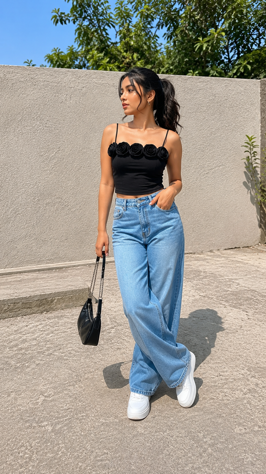 Strap Sleeve Rose Embedded Crop Top FC2463
