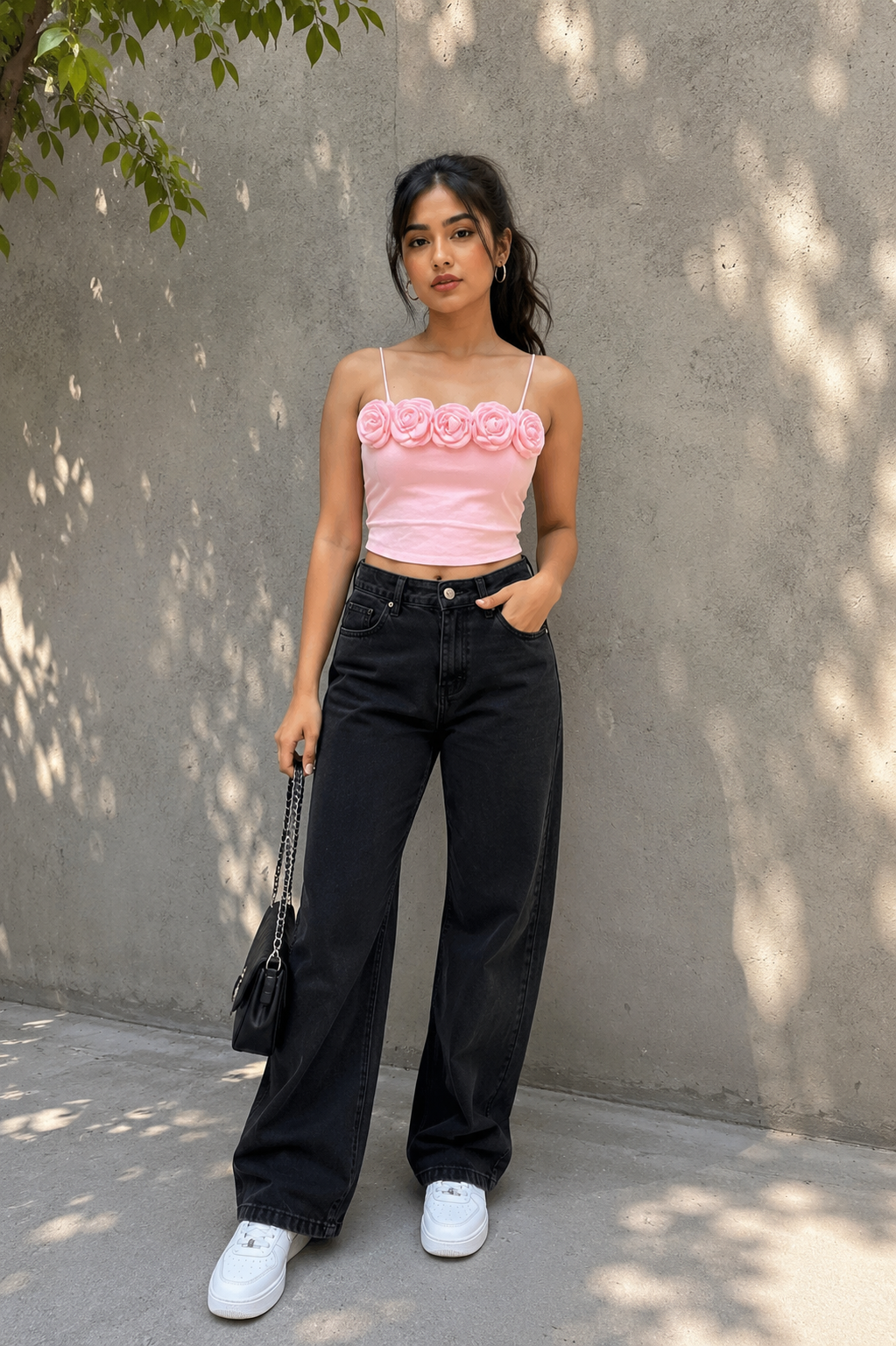 Strap Sleeve Rose Embedded Crop Top FC2463