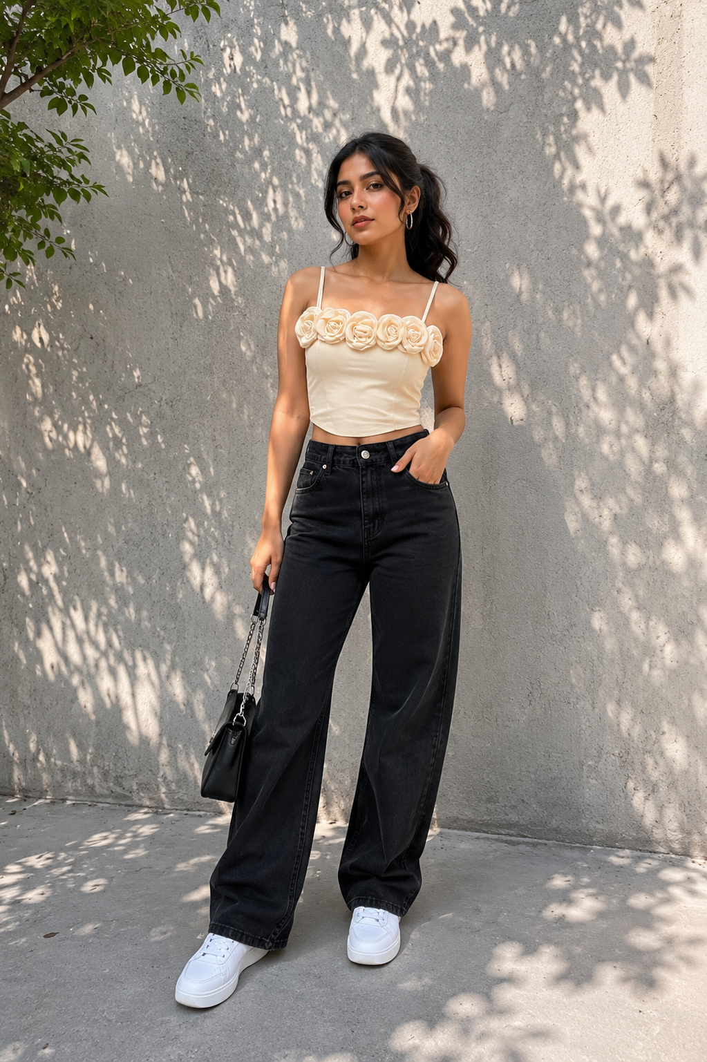Strap Sleeve Rose Embedded Crop Top FC2463