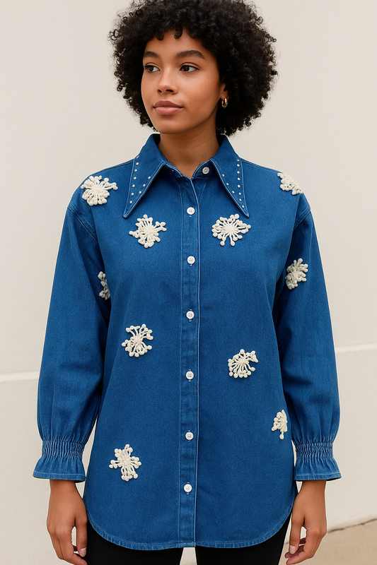 Snow Flake Designed Embedded Denim Shirt FC1561